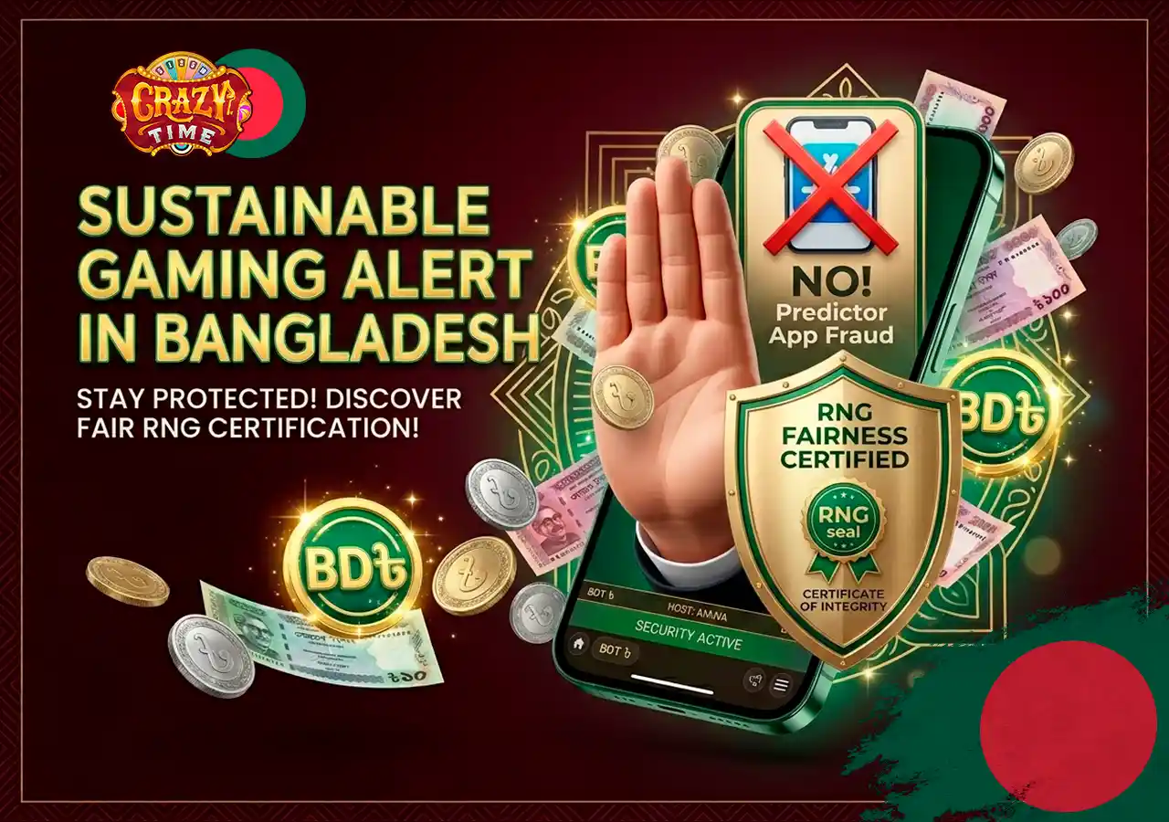 Red warning flag over fake predictor apps proving Crazy Time RNG random outcomes